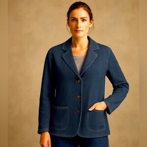 Chico’s Crinkle Blazer Women's Size 1 (S/8) Blue Textured Denim Stretch Casual